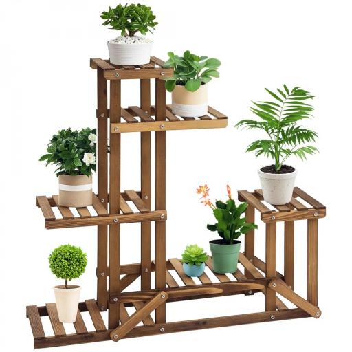 Soporte de Madera para Flores Estantería Decorativa para Macetas Plantas con 6 Estantes Interior y Exterior para Jardín Balcón Terraza 95x28x96,5 cm Carbonizado [8]