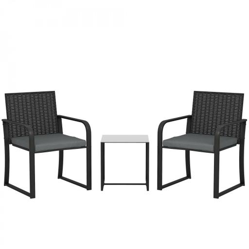 Conjunto de Muebles de Jardín de Ratán Sintético con 2 Sillas con Cojines y Mesa con Tablero de Vidrio Gris [7]