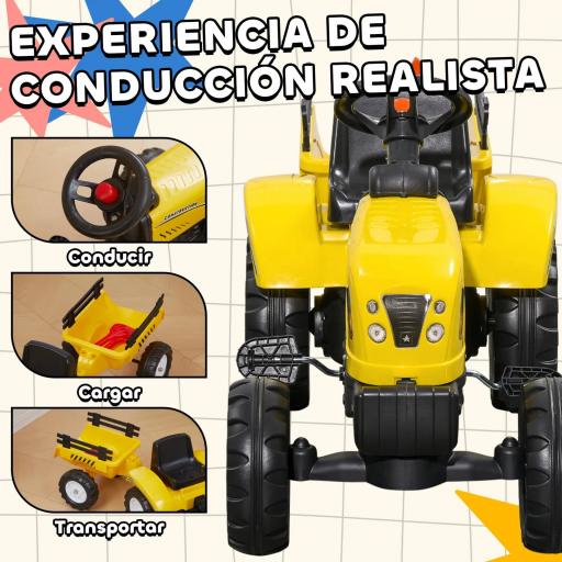 Tractor a Pedales para Niños a partir de 3 Años con Remolque y 2 Herramientas Carga 35 kg 133x42x51 cm Amarillo [2]