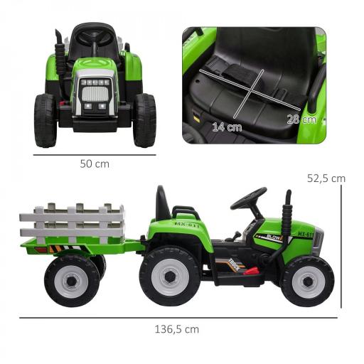 Tractor Eléctrico con Remolque para Niños 3-6 Años con Control Remoto y Cinturón de Seguridad 136,5x50x52,5 cm Verde [3]