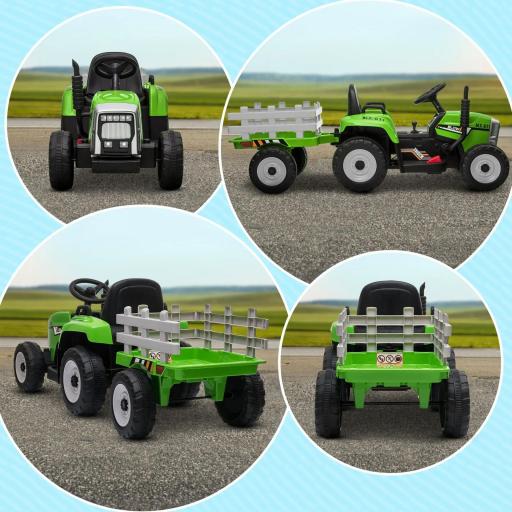 Tractor Eléctrico con Remolque para Niños 3-6 Años con Control Remoto y Cinturón de Seguridad 136,5x50x52,5 cm Verde [1]