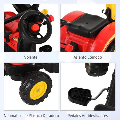 Tractor a Pedales con Remolque Excavador con Pala Frontal Juguete de Conducción para Mayores de 3 Años Dirección y Palas Fáciles de Controlar Soporta hasta 35 kg 179x42x59 cm Rojo [3]
