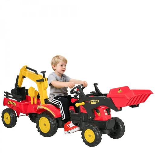 Tractor a Pedales con Remolque Excavador con Pala Frontal Juguete de Conducción para Mayores de 3 Años Dirección y Palas Fáciles de Controlar Soporta hasta 35 kg 179x42x59 cm Rojo [5]