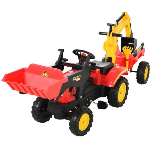 Tractor a Pedales con Remolque Excavador con Pala Frontal Juguete de Conducción para Mayores de 3 Años Dirección y Palas Fáciles de Controlar Soporta hasta 35 kg 179x42x59 cm Rojo [4]