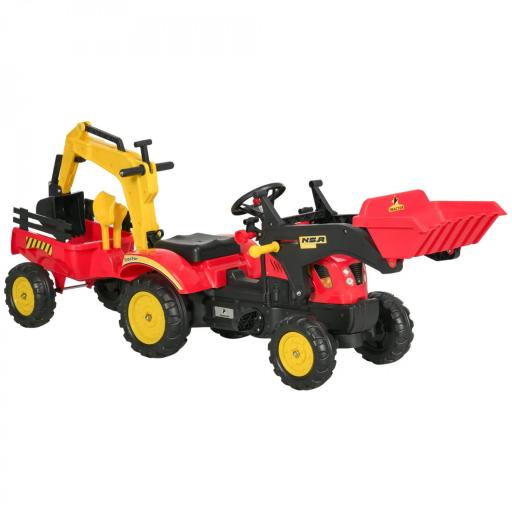 Tractor a Pedales con Remolque Excavador con Pala Frontal Juguete de Conducción para Mayores de 3 Años Dirección y Palas Fáciles de Controlar Soporta hasta 35 kg 179x42x59 cm Rojo [1]