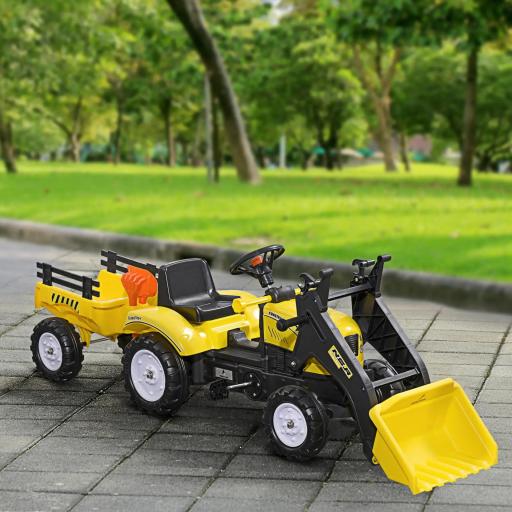 Tractor a Pedales para Niños de 3 Años Excavadora Infantil con Remolque Extraíble y Pala Delantera 167x41x52 cm Amarillo