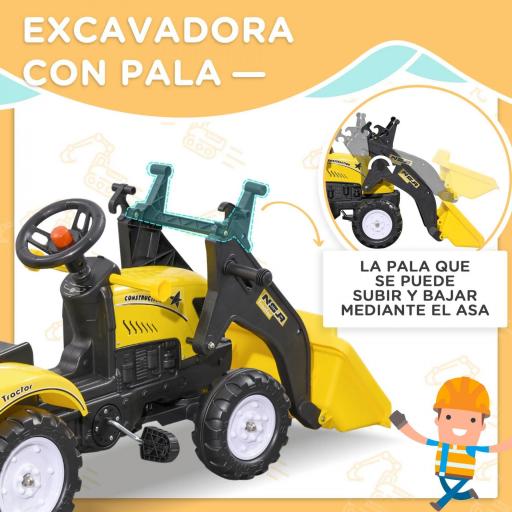 Tractor a Pedales para Niños de 3 Años Excavadora Infantil con Remolque Extraíble y Pala Delantera 167x41x52 cm Amarillo [3]