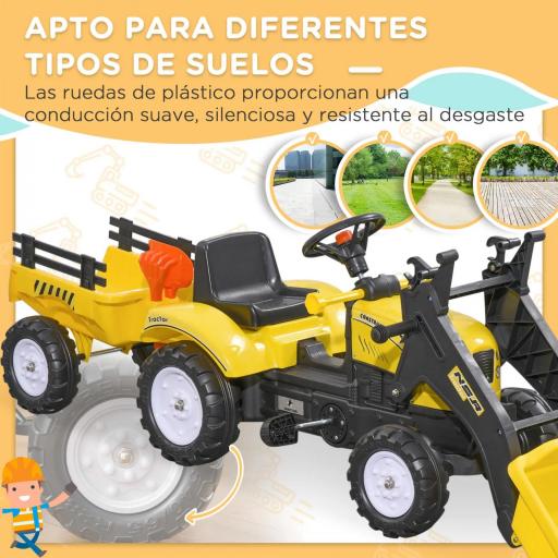 Tractor a Pedales para Niños de 3 Años Excavadora Infantil con Remolque Extraíble y Pala Delantera 167x41x52 cm Amarillo [8]