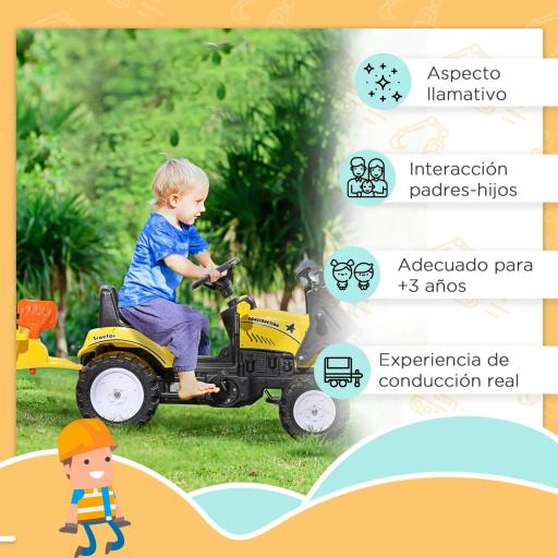 Tractor a Pedales para Niños de 3 Años Excavadora Infantil con Remolque Extraíble y Pala Delantera 167x41x52 cm Amarillo [6]