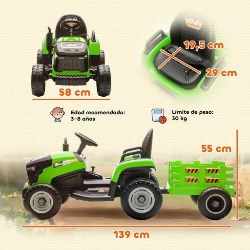 Tractor Eléctrico para Niños con Remolque Desmontable Batería 12V Velocidad 3-5 km/h, Control Remoto 2,4G Verde [3]