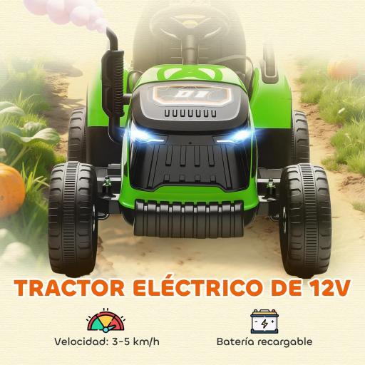 Tractor Eléctrico para Niños con Remolque Desmontable Batería 12V Velocidad 3-5 km/h, Control Remoto 2,4G Verde [2]
