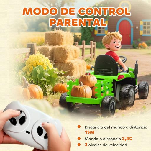 Tractor Eléctrico para Niños con Remolque Desmontable Batería 12V Velocidad 3-5 km/h, Control Remoto 2,4G Verde [8]