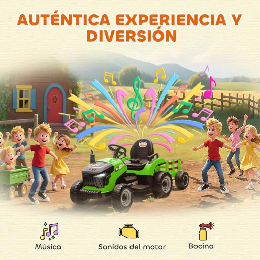 Tractor Eléctrico para Niños con Remolque Desmontable Batería 12V Velocidad 3-5 km/h, Control Remoto 2,4G Verde [4]