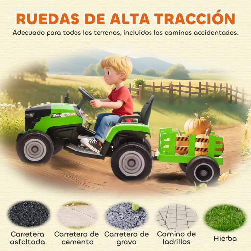 Tractor Eléctrico para Niños con Remolque Desmontable Batería 12V Velocidad 3-5 km/h, Control Remoto 2,4G Verde [7]