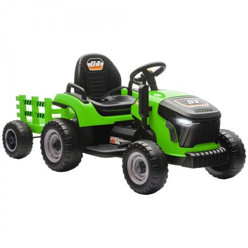 Tractor Eléctrico para Niños con Remolque Desmontable Batería 12V Velocidad 3-5 km/h, Control Remoto 2,4G Verde [10]