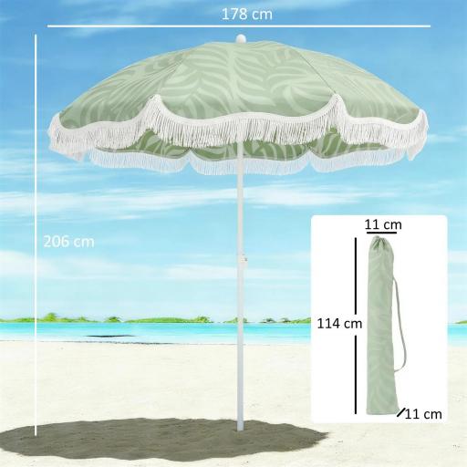 Sombrilla de Playa con Flecos Ø180 cm Altura Ajustable Inclinación Anclaje Arena y Bolsa de Transporte UPF30+ Verde [3]
