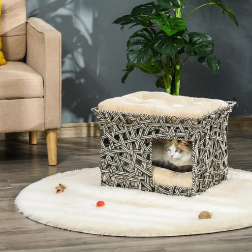 Cesta de Ratán para Gatos de 2 Pisos Cueva Cama de Gato Tipo Caseta con 2 Cojines Suaves Estructura de Metal 51x42x37 cm Gris y Beige [2]