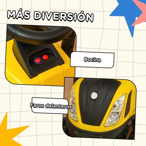 Tractor para Niños de 12-36 Meses con Remolque Extraíble Coche Correpasillos con Bocina Faros Pala Asiento de Suelo 25 cm y Rastrillo Carga 25 kg 91x29x44 cm Amarillo [1]