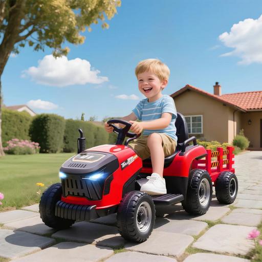 Tractor Eléctrico para Niños con Remolque Desmontable Batería 12V Velocidad 3-5 km/h, Control Remoto 2,4G Rojo