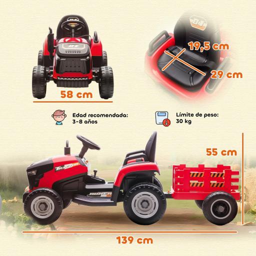 Tractor Eléctrico para Niños con Remolque Desmontable Batería 12V Velocidad 3-5 km/h, Control Remoto 2,4G Rojo [2]