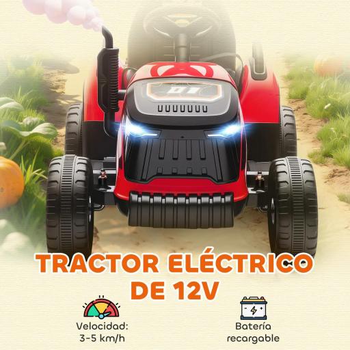 Tractor Eléctrico para Niños con Remolque Desmontable Batería 12V Velocidad 3-5 km/h, Control Remoto 2,4G Rojo [5]