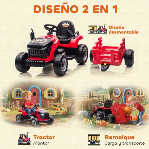 Tractor Eléctrico para Niños con Remolque Desmontable Batería 12V Velocidad 3-5 km/h, Control Remoto 2,4G Rojo [6]