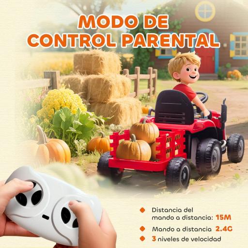 Tractor Eléctrico para Niños con Remolque Desmontable Batería 12V Velocidad 3-5 km/h, Control Remoto 2,4G Rojo [4]