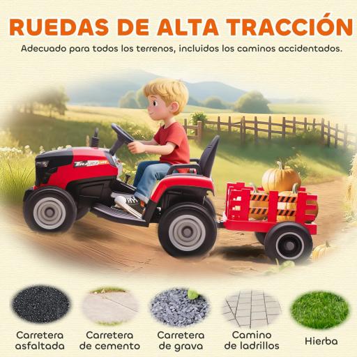 Tractor Eléctrico para Niños con Remolque Desmontable Batería 12V Velocidad 3-5 km/h, Control Remoto 2,4G Rojo [8]
