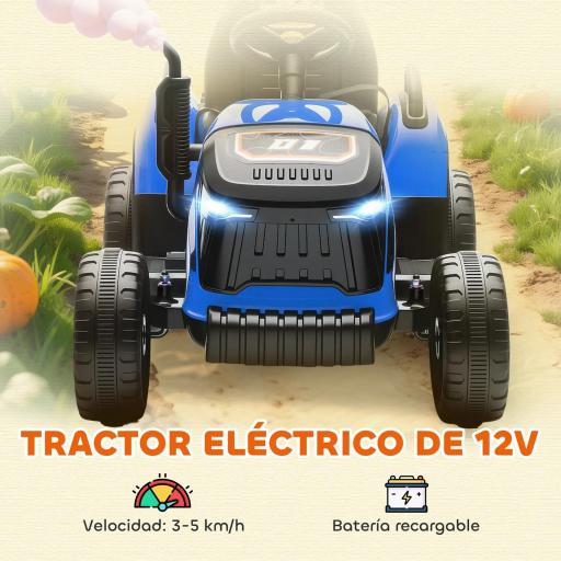 Tractor Eléctrico para Niños con Remolque Desmontable Batería 12V Velocidad 3-5 km/h, Control Remoto 2,4G Azul [7]