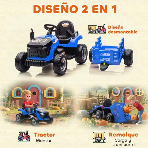Tractor Eléctrico para Niños con Remolque Desmontable Batería 12V Velocidad 3-5 km/h, Control Remoto 2,4G Azul [10]