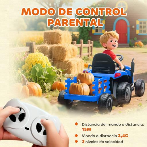 Tractor Eléctrico para Niños con Remolque Desmontable Batería 12V Velocidad 3-5 km/h, Control Remoto 2,4G Azul [5]