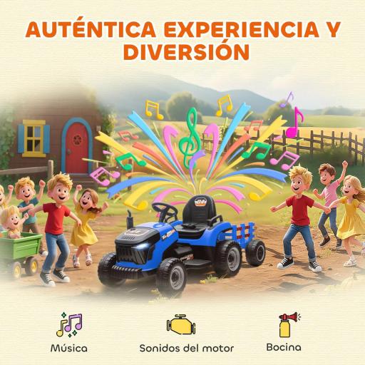 Tractor Eléctrico para Niños con Remolque Desmontable Batería 12V Velocidad 3-5 km/h, Control Remoto 2,4G Azul [9]