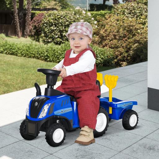 Tractor sin Pedales para Niños de 12-36 Meses con Remolque Extraíble Coche Correpasillos con Bocina Faros Pala Asiento de Suelo 25 cm y Rastrillo Carga 25 kg 91x29x44 cm Azul