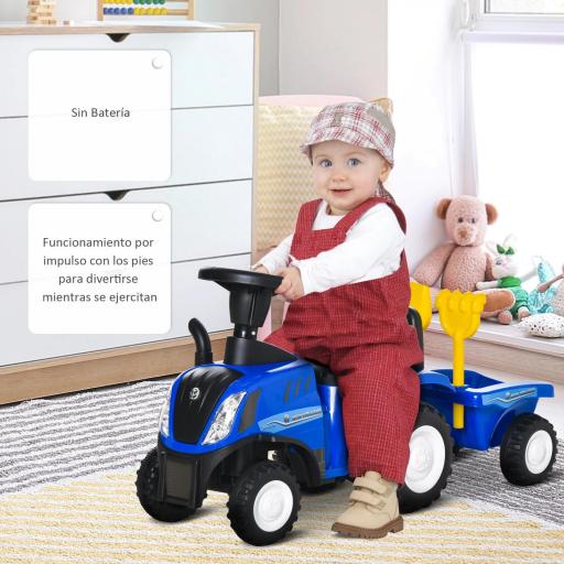 Tractor sin Pedales para Niños de 12-36 Meses con Remolque Extraíble Coche Correpasillos con Bocina Faros Pala Asiento de Suelo 25 cm y Rastrillo Carga 25 kg 91x29x44 cm Azul [10]