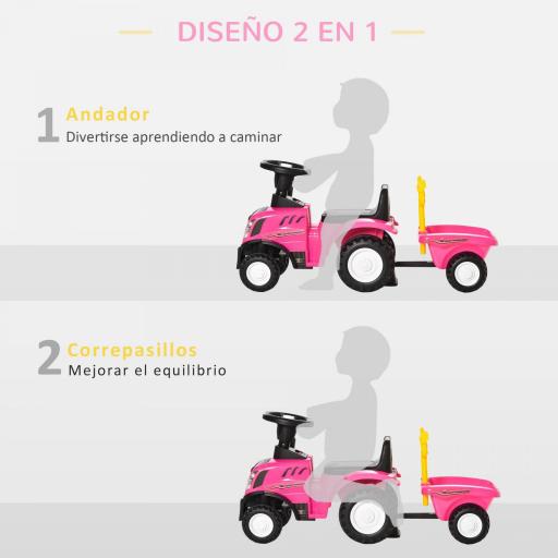 Tractor sin Pedales para Niños de 12-36 Meses con Remolque Extraíble Coche Correpasillos con Bocina Faros Pala Asiento de Suelo 25 cm y Rastrillo Carga 25 kg 91x29x44 cm Rosa [4]