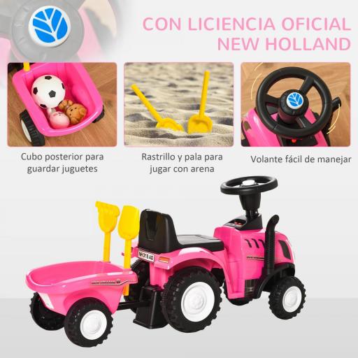 Tractor sin Pedales para Niños de 12-36 Meses con Remolque Extraíble Coche Correpasillos con Bocina Faros Pala Asiento de Suelo 25 cm y Rastrillo Carga 25 kg 91x29x44 cm Rosa [6]