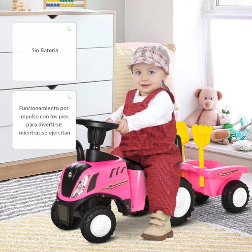 Tractor sin Pedales para Niños de 12-36 Meses con Remolque Extraíble Coche Correpasillos con Bocina Faros Pala Asiento de Suelo 25 cm y Rastrillo Carga 25 kg 91x29x44 cm Rosa [8]