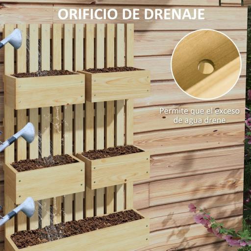 Jardinera de Pared de Madera con Enrejado y 5 Macetas Móviles para Jardín Terraza Patio 60x16x100 cm Natural [3]