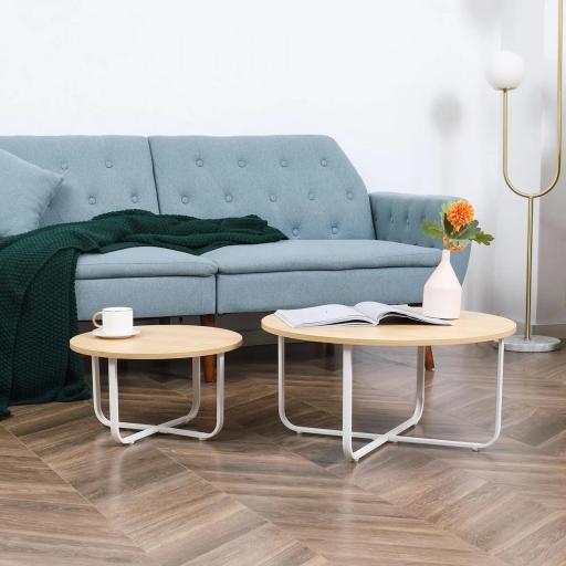 Juego de 2 Mesas de Centro Ø65x32 cm y Ø45x26 cm con Encimera de Madera y Patas de Metal Natural y Blanco