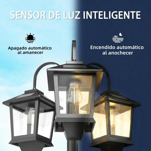 Farola Solar Exterior de Jardín de Aluminio con 3 Cabezales con Encendido/Apagado Automático IP44 40x34,5x188 cm Negro [5]