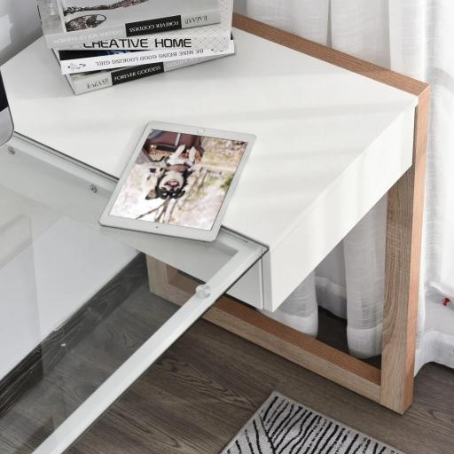 Mesa de Ordenador Mesa de Escritorio Diseño Moderno con Tablero de Vidrio Templado Cajón Combinación de Estilos para Oficina Estudio 120x60x75 cm Blanco [6]