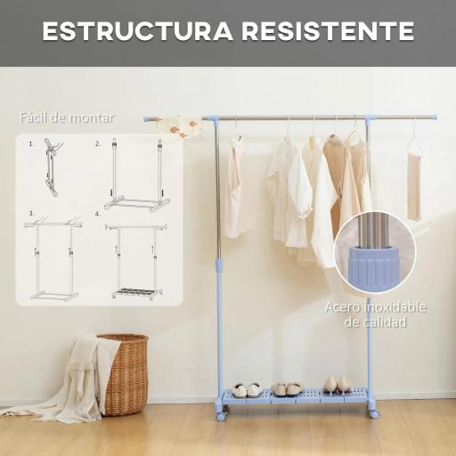 Tendedero Extensible con Ruedas con Barra de Acero Inoxidable y Estante para Zapatos 159x42x168 cm Azul y Plata [4]