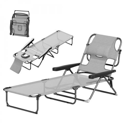 Tumbona Plegable Respaldo Ajustable Orificio de Lectura Reposacabezas y Brazos Carga 120 kg 145x72x89 cm Gris Oscuro [8]