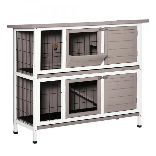 Conejera de Madera Exterior de 2 Niveles Jaula para 1-2 Conejos con Techo Abrible Comedero Bandejas Extraíbles Rampa y Puertas con Cerradura 122x50x101 cm Marrón [8]