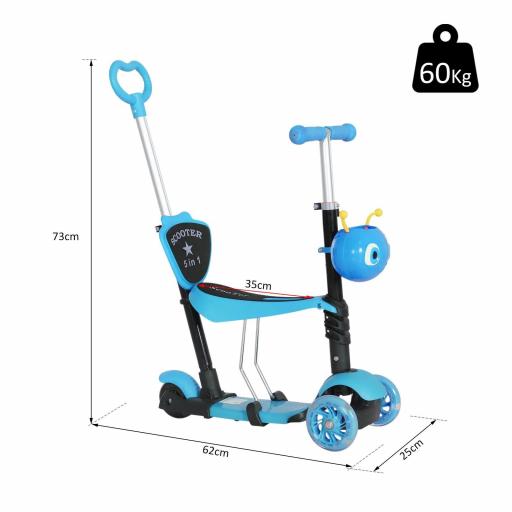  3 en 1 Patinete para Niños de +18 Meses Scooter de 3 Ruedas con Asiento Extraíble Manillar Mango de Empuje Altura Ajustable 62x25x72,5 cm Azul [1]