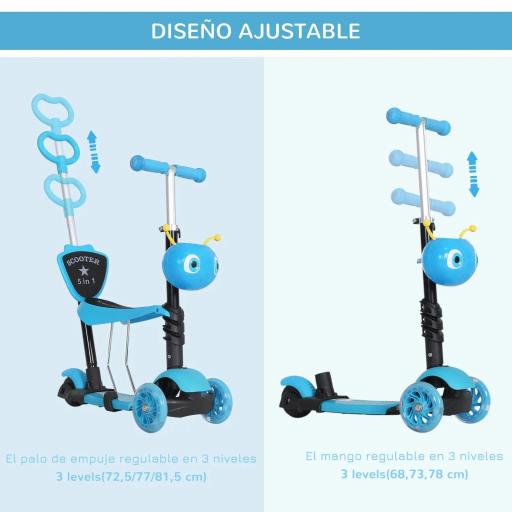  3 en 1 Patinete para Niños de +18 Meses Scooter de 3 Ruedas con Asiento Extraíble Manillar Mango de Empuje Altura Ajustable 62x25x72,5 cm Azul [2]