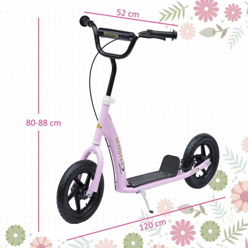 Patinete para Niños de 5-12 Años Scooter de 2 Ruedas Grandes de 12 Pulgadas con Freno y Manillar Ajustable en Altura Carga Máx. 50 kg 120x52x80-88 cm Rosa [3]