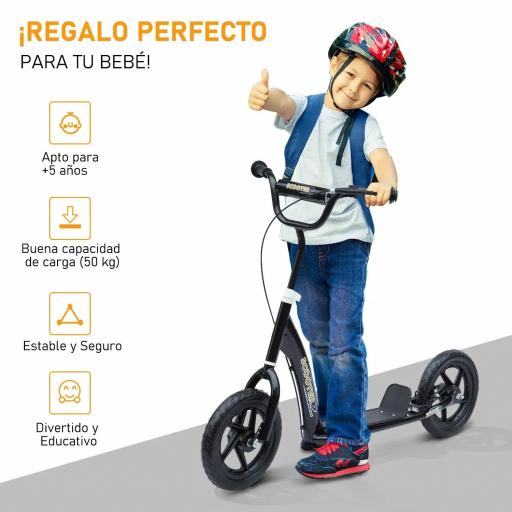 Patinete para Niños de 5-12 Años Scooter de 2 Ruedas Grandes de 12 Pulgadas con Freno y Manillar Ajustable en Altura Carga Máx. 50 kg 120x52x80-88 cm Negro [3]
