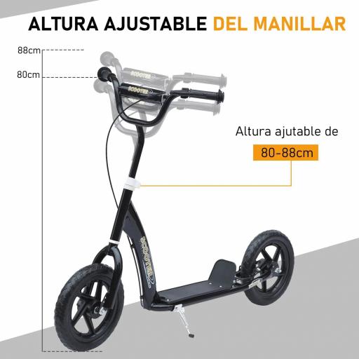 Patinete para Niños de 5-12 Años Scooter de 2 Ruedas Grandes de 12 Pulgadas con Freno y Manillar Ajustable en Altura Carga Máx. 50 kg 120x52x80-88 cm Negro [2]