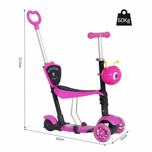 3 en 1 Patinete para Niños de +18 Meses Scooter de 3 Ruedas con Asiento Extraíble Manillar Mango de Empuje Altura Ajustable 62x25x72,5 cm Rosa [4]
